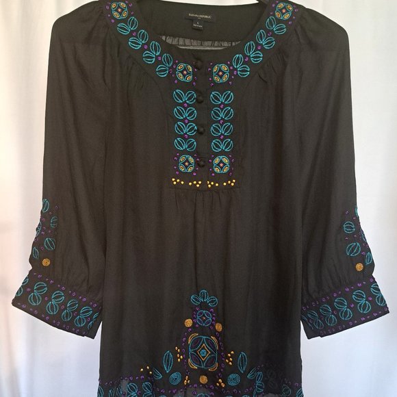 BANANA REPUBLIC womens BLOUSE Sz Large FLOWY EMBROIDERY BOHO lagenlook INDIA - Picture 1 of 12